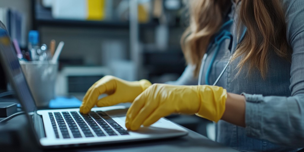 Proreinigung.com: Direkter Kontakt zur Gebäudereinigung – Erreichbarkeit und Organisation am Schreibtisch (Schutzhandschuhe, Laptop)