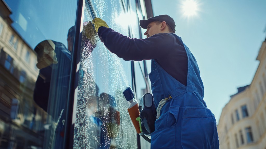 Glasreinigung: Fensterputzer reinigt eine große Scheibe mit Sprühflasche und Wischer in der Stadt